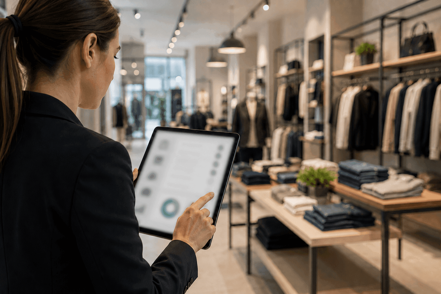 Woman in a modern retail store uses a tablet to manage inventory or sales data.