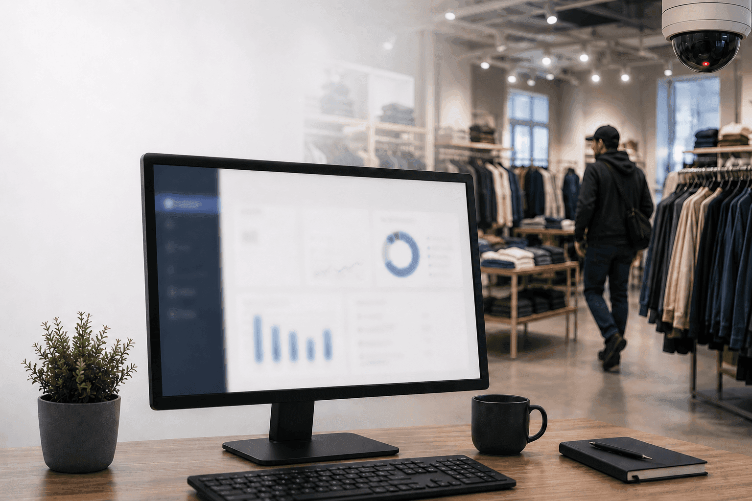 Computer displays retail analytics while a customer shops in a store under surveillance camera.