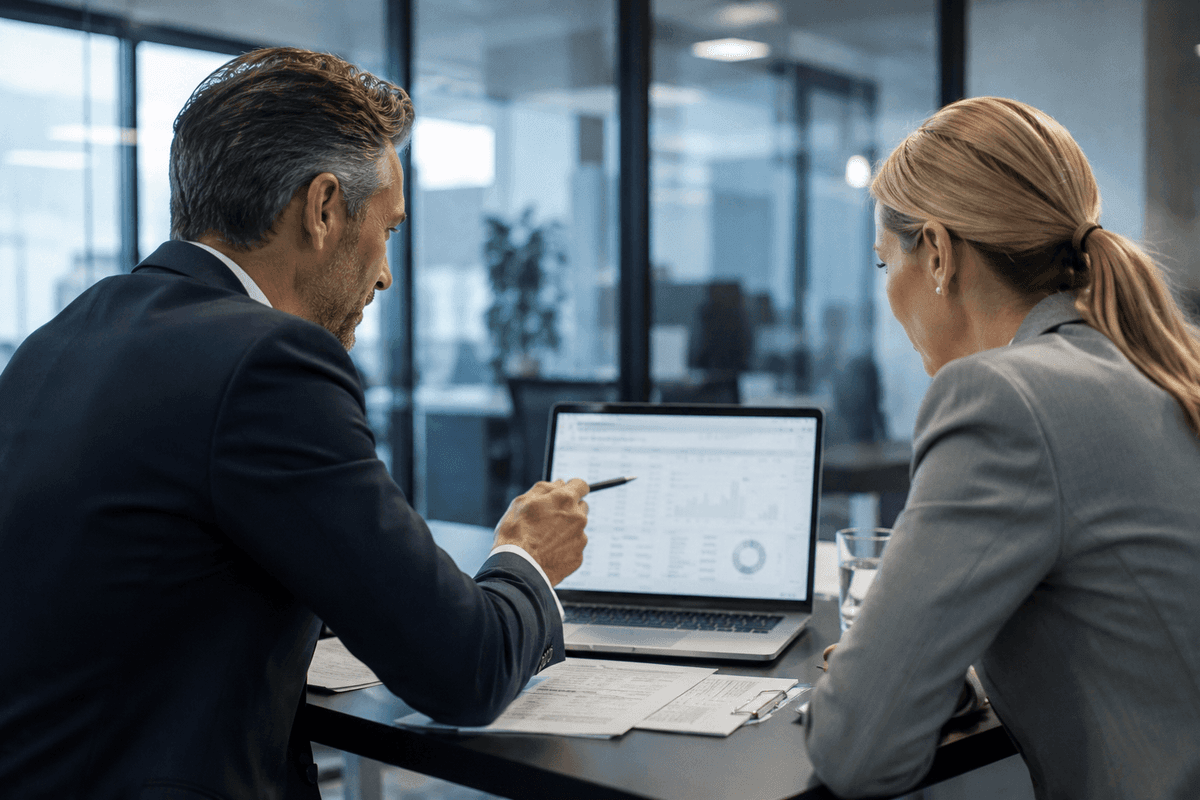 Two business professionals review data charts on a laptop during an office meeting.