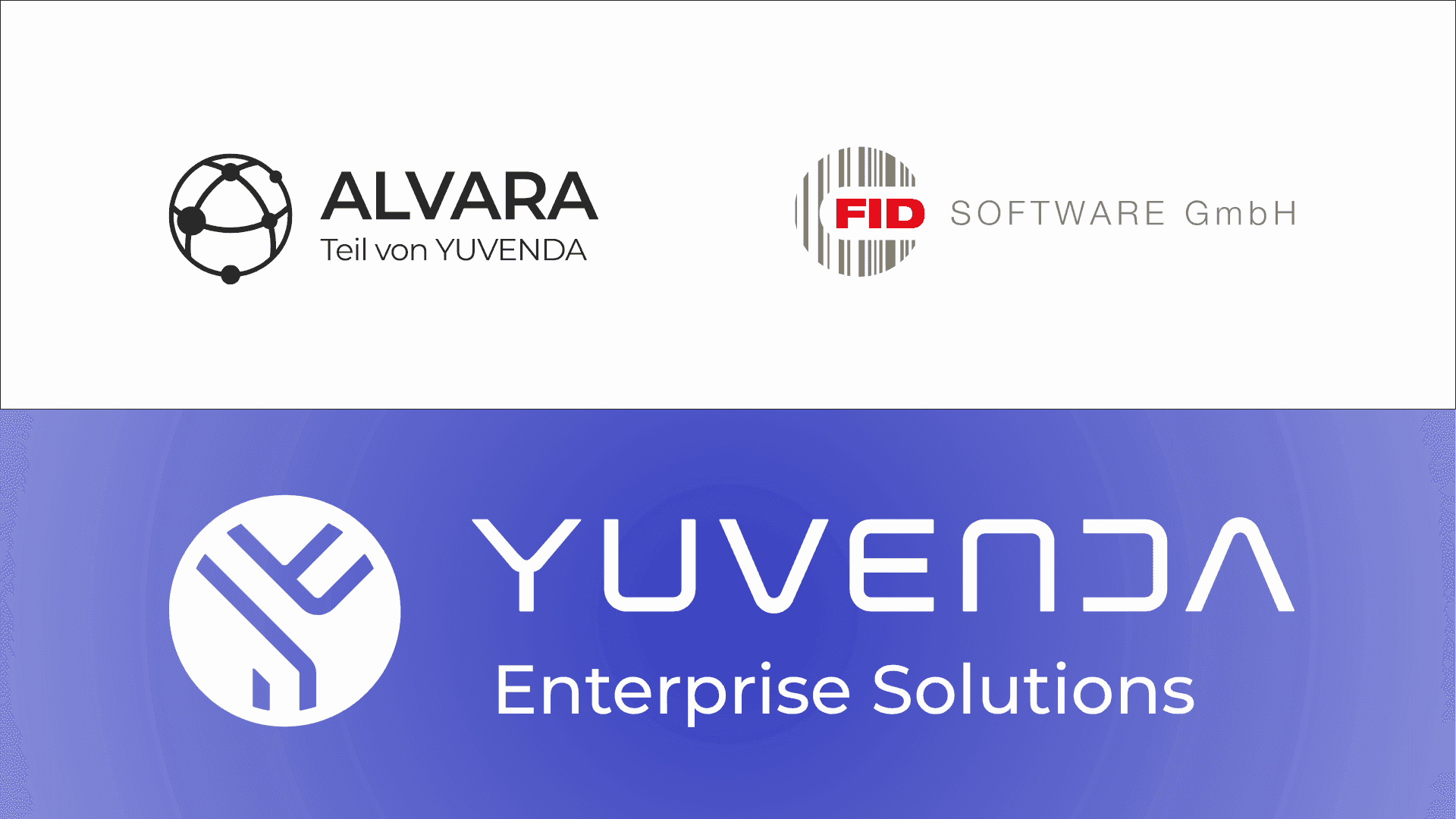 Logos for YUVENDA Enterprise Solutions, ALVARA, and FID Software GmbH on a blue background.