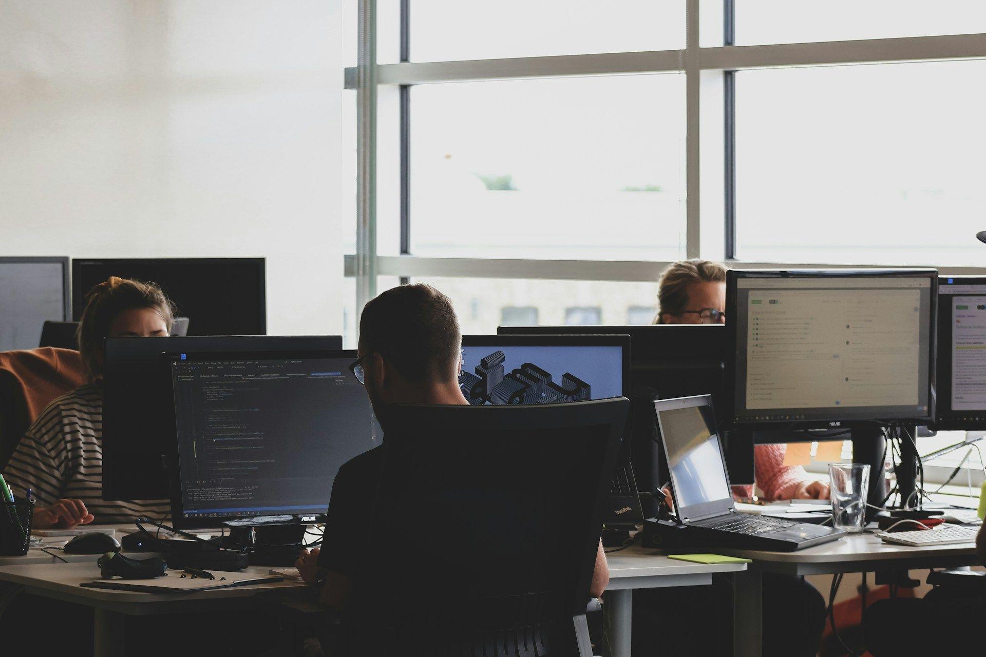 Developers work diligently at computers in a modern open-plan office with large windows.